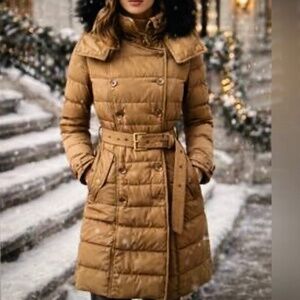 Burberry Brit Allerdale Goose Down Puffer Trench Jacket Tan Fur Hood Size L